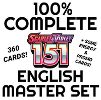 POKEMON TCG- “POKEMON SCARLET & VIOLET: 151” 100% COMPLETE ENGLISH MASTER SET #001-207/165 + REVERSE HOLOS (360 CARDS + SOME ENERGIES & PROMOS, SEE PICTURES!) [NEAR MINT/MINT CONDITION]
