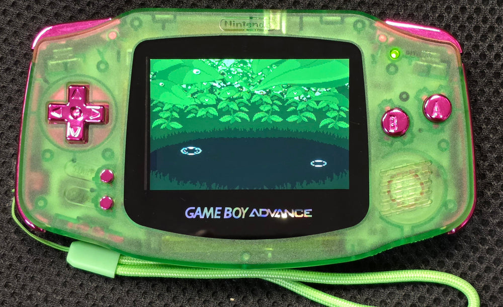 NINTENDO GAMEBOY ADVANCE CONSOLE - BACKLIT IPS SCREEN (TRANSLUCENT GREEN W/ METALLIC PURPLE BUTTONS)