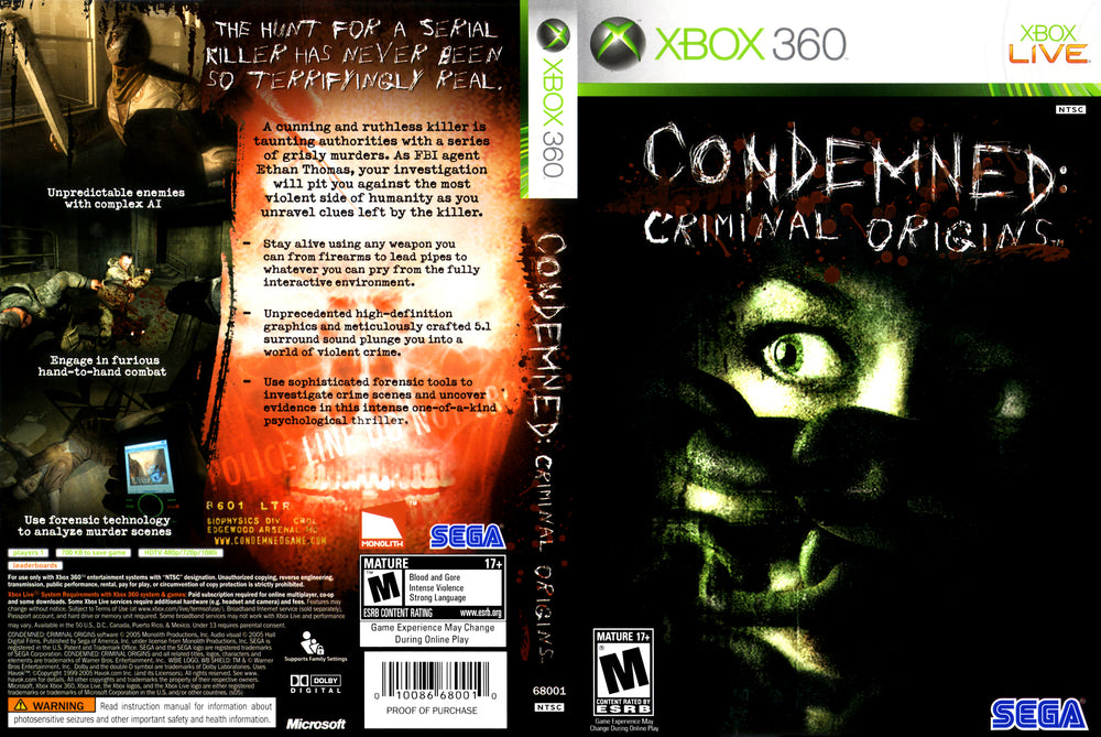 Xbox 360 - Condemned Criminal Origins {DISC AND MANUAL ONLY